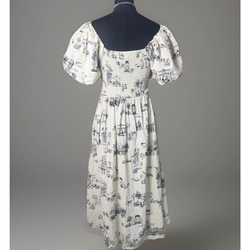 Paris Café Toile Print | Linen Blend | Puff Sleeve | Cottagecore | Midi Dress - Picture 4 of 7
